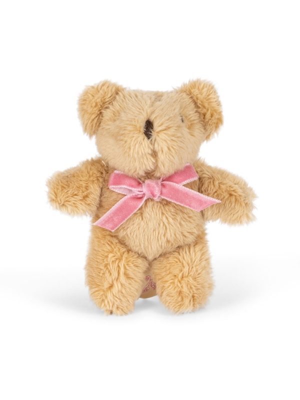 beżowy miś z różową kokardką